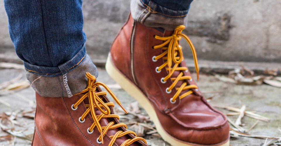 Male foot with brown leather shoes and jeans Male foot with brown leather shoes and jeans